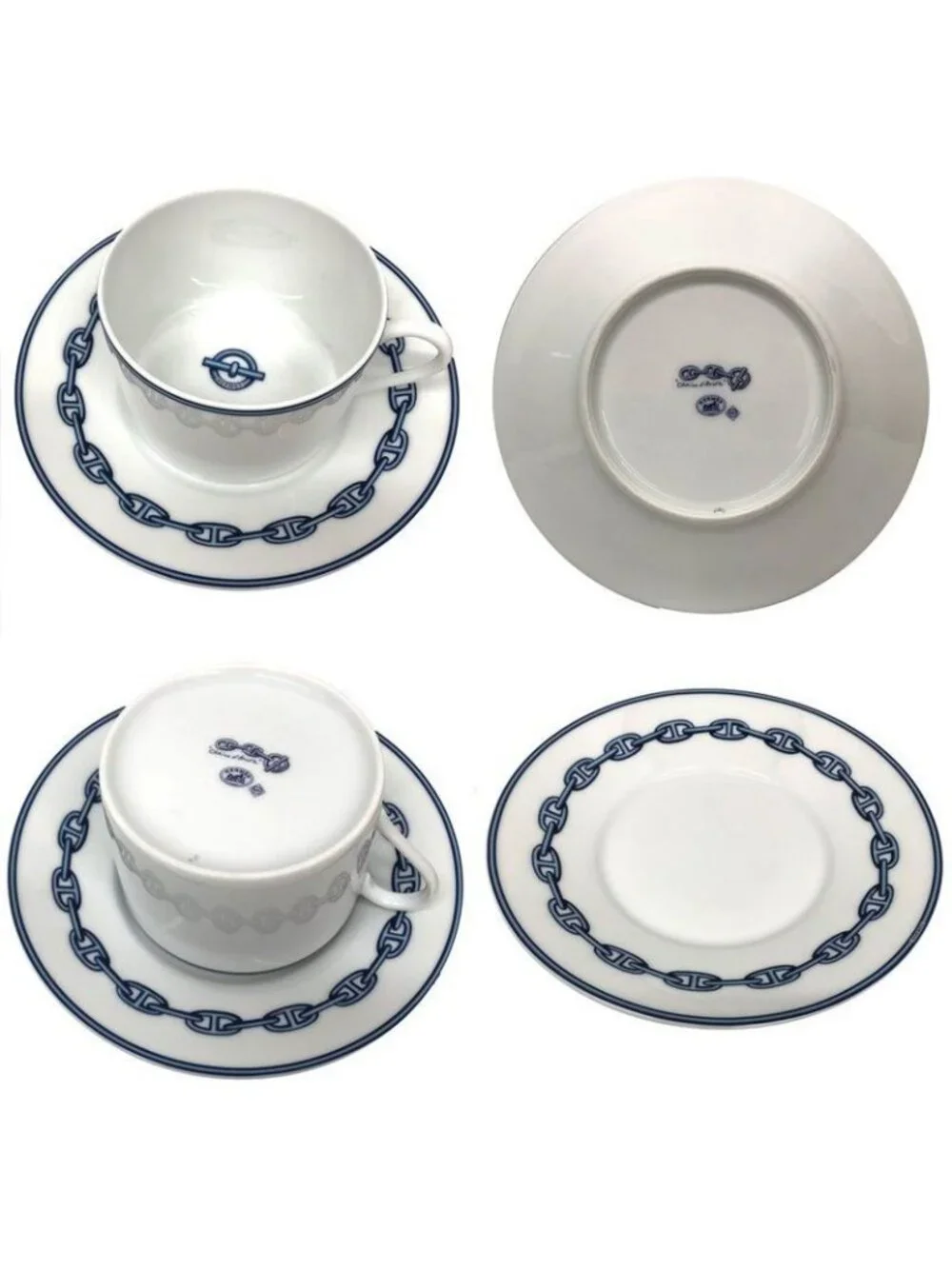 Hermes Chaine D'Ancre Morning Cup & Saucer Platinum Blue Pair Set Of 2